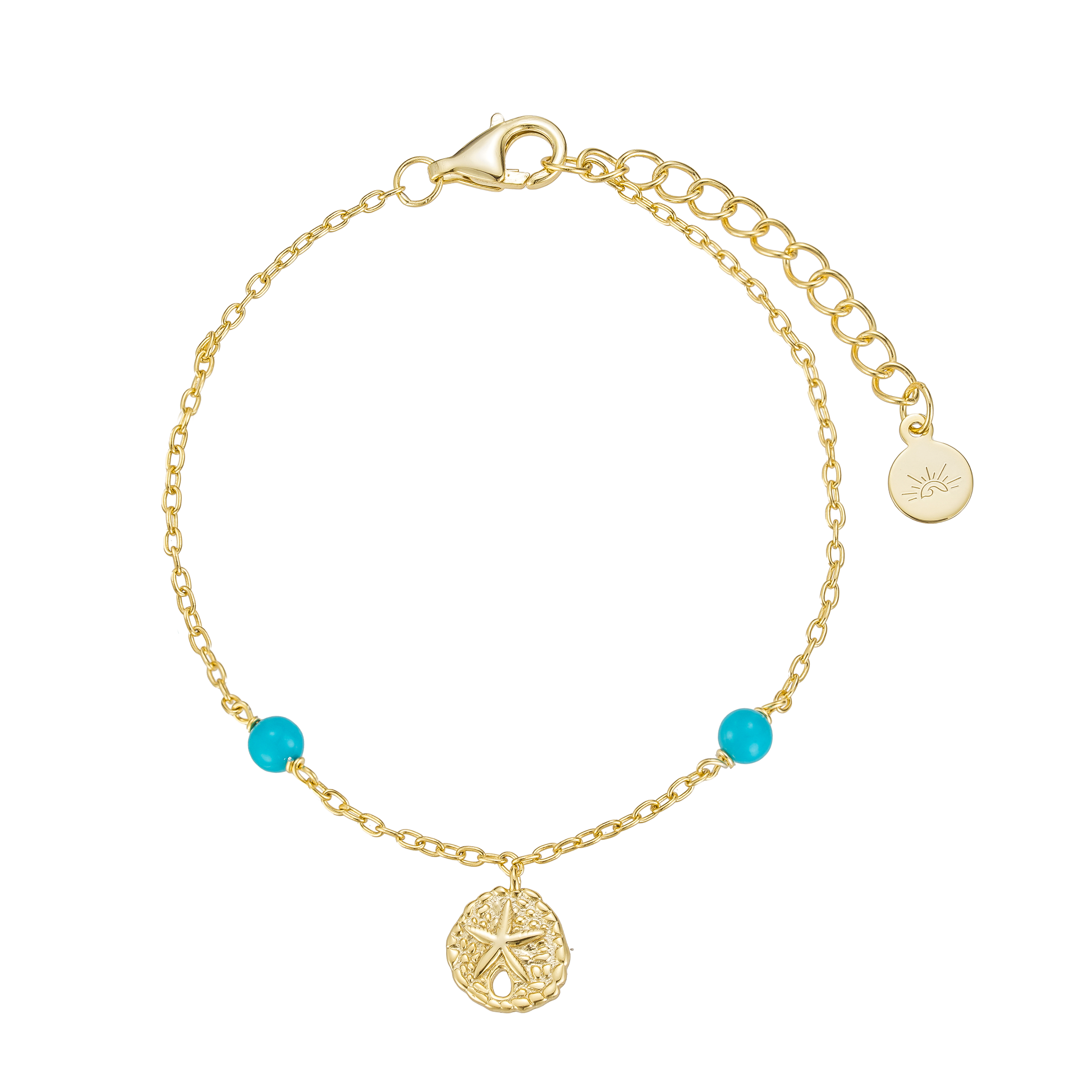 Gold bracelet with turquoise beads and a gold charm on a white background