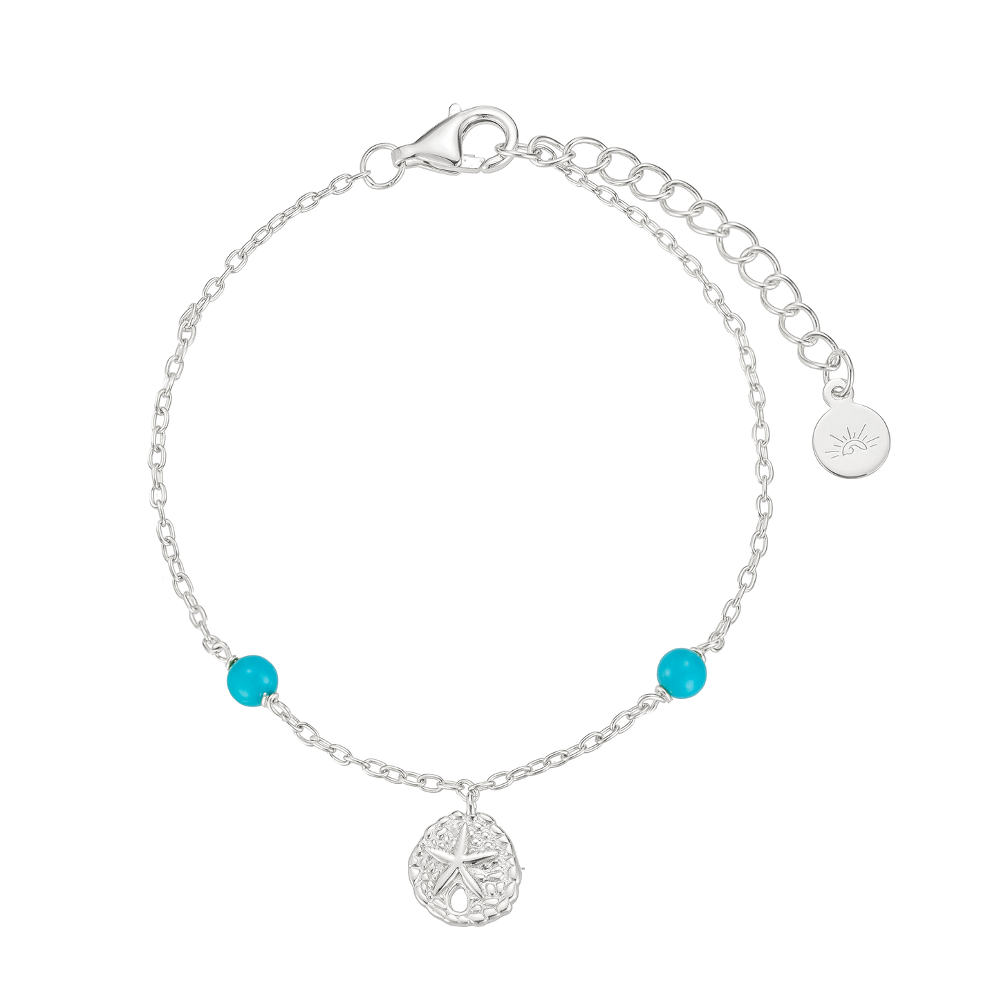 Silver bracelet with turquoise beads on a white background