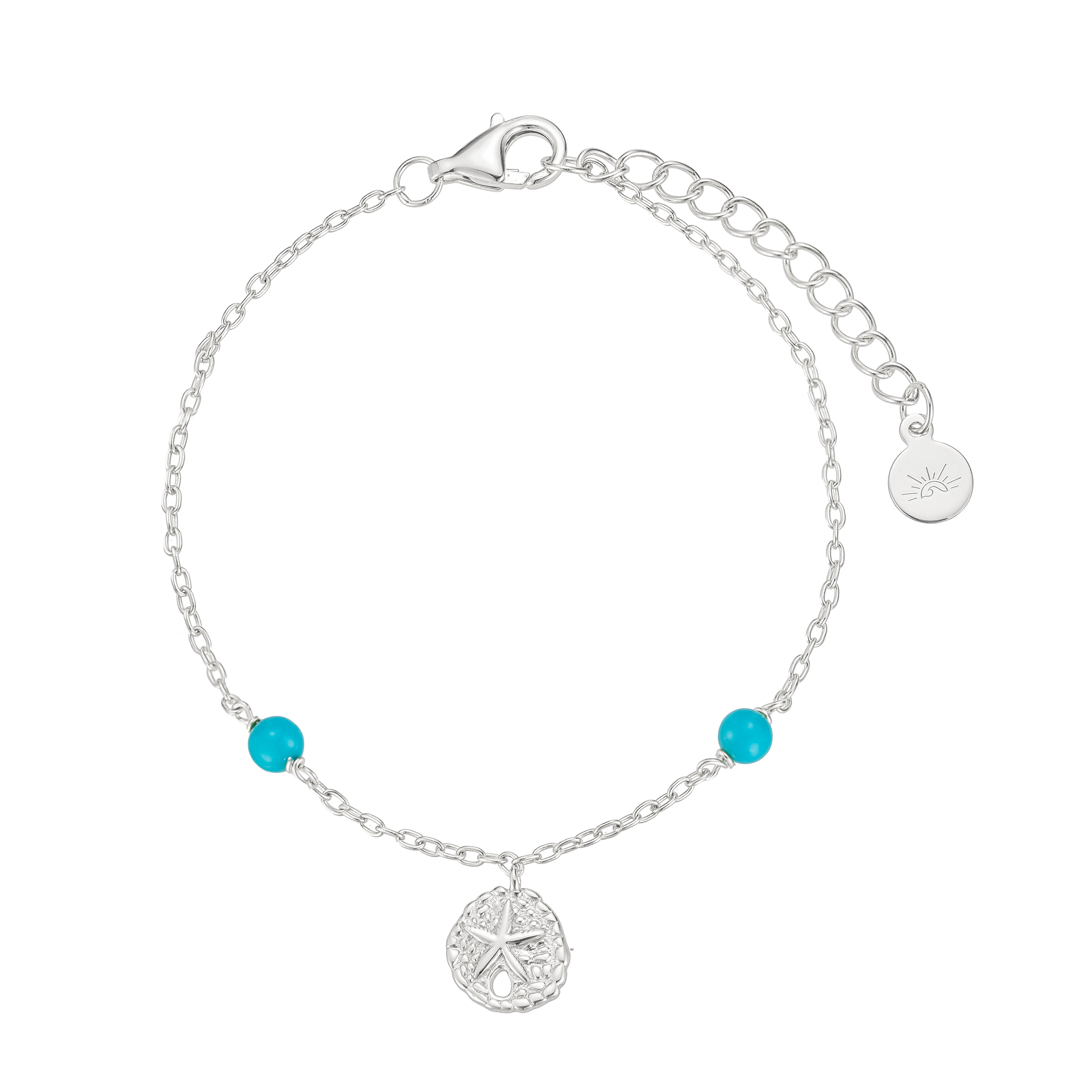 Silver bracelet with turquoise beads on a white background
