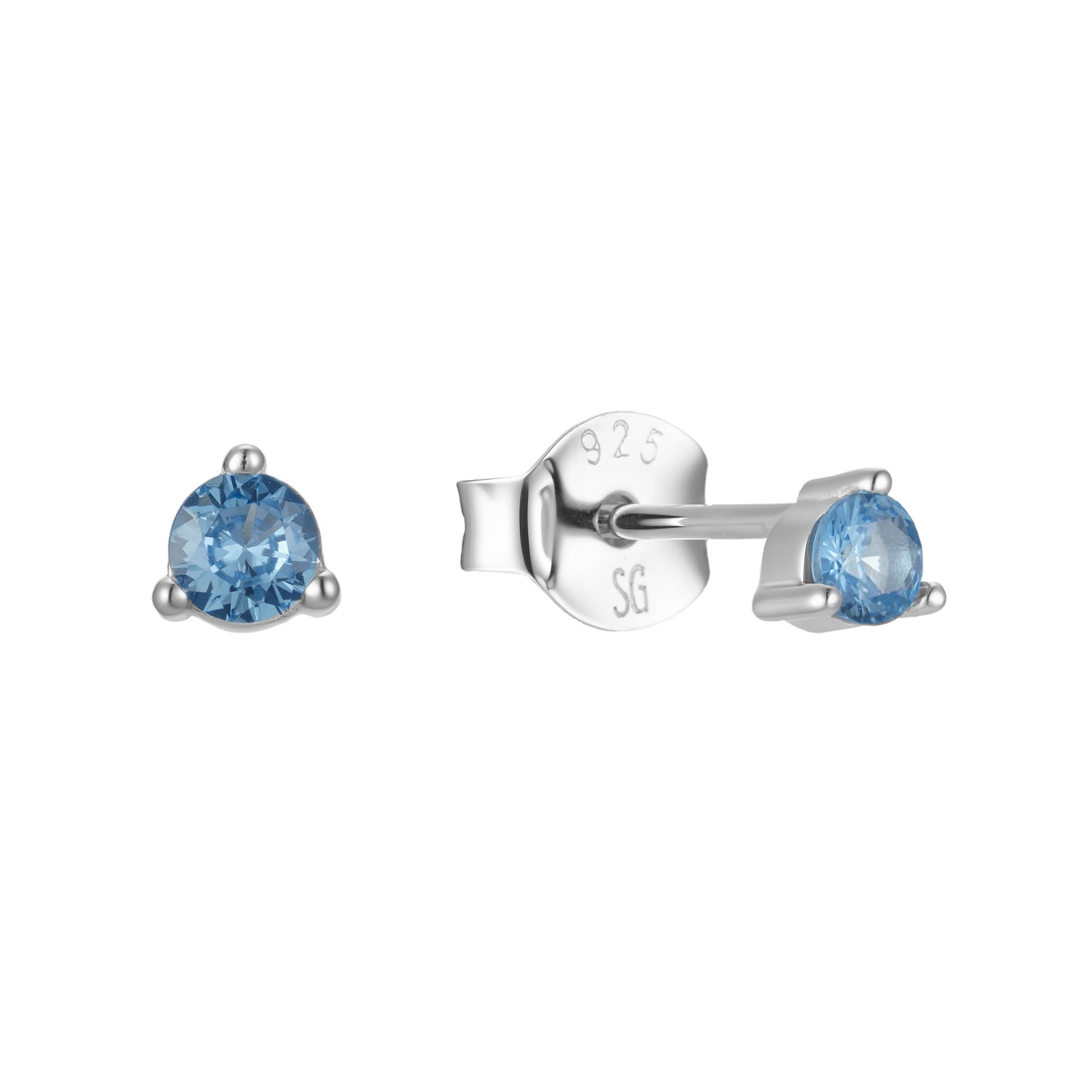 Silver earrings with blue gemstones on a white background