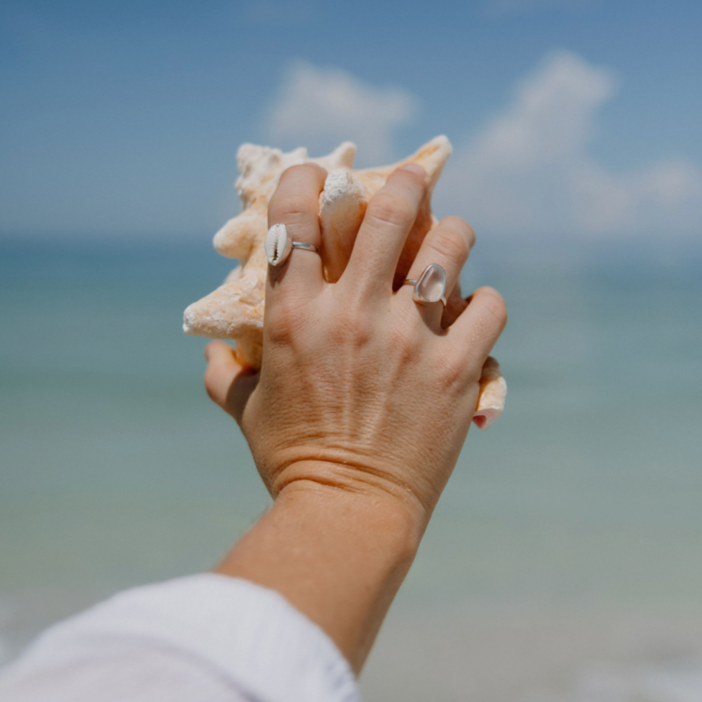 white sea glass and shell ring holding a shell in front of the florida ocean