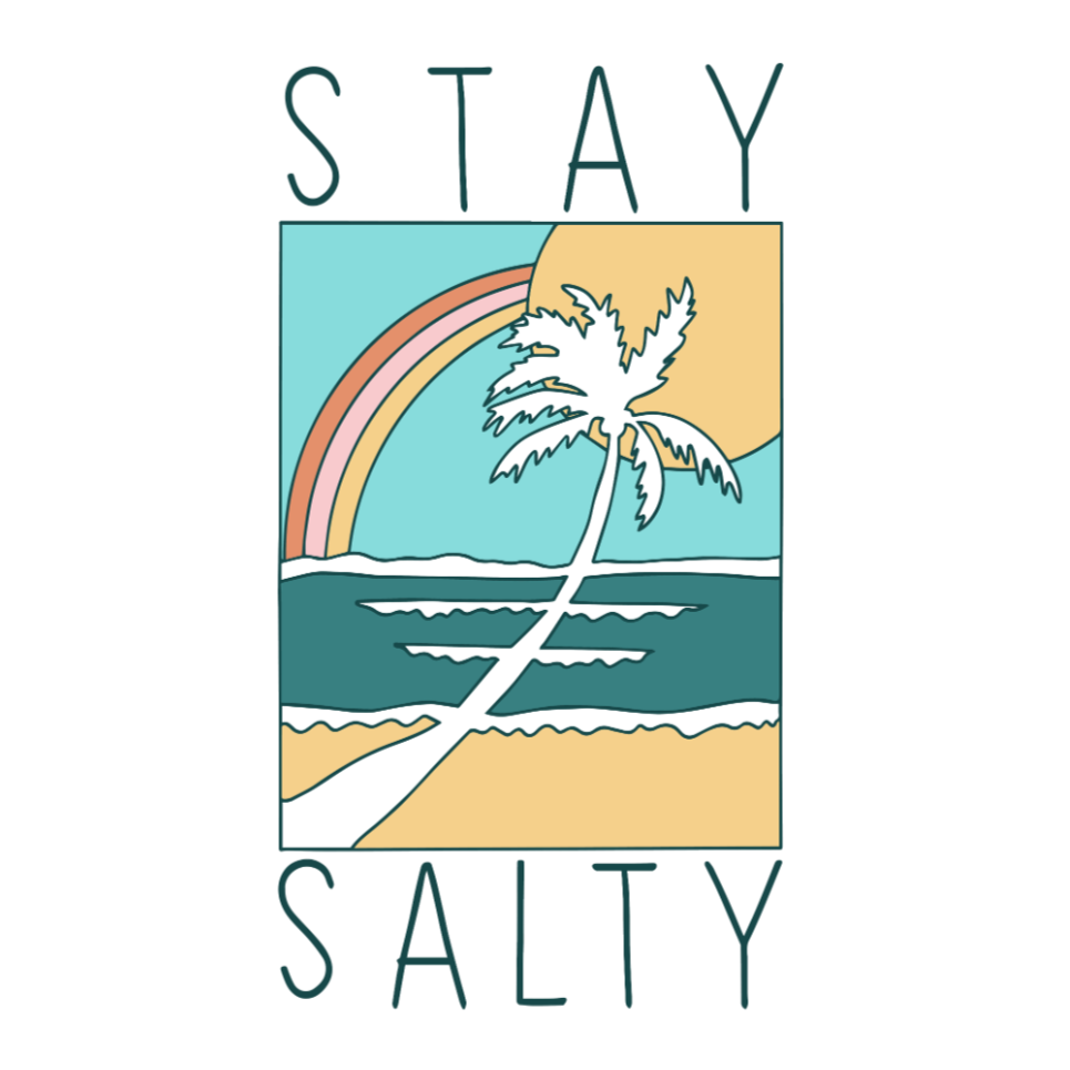 Illustration of a palm tree, rainbow, and ocean with 'Stay Salty' text on a white background