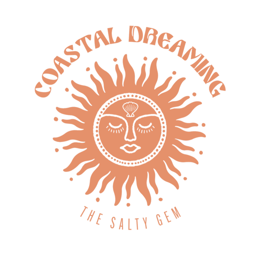 Logo with sun design and 'Coastal Dreaming The Salty Gem' text on a white background