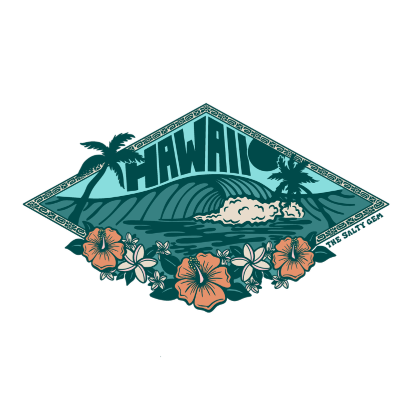 Hawaiian-themed design with palm trees, flowers, and text on a white background
